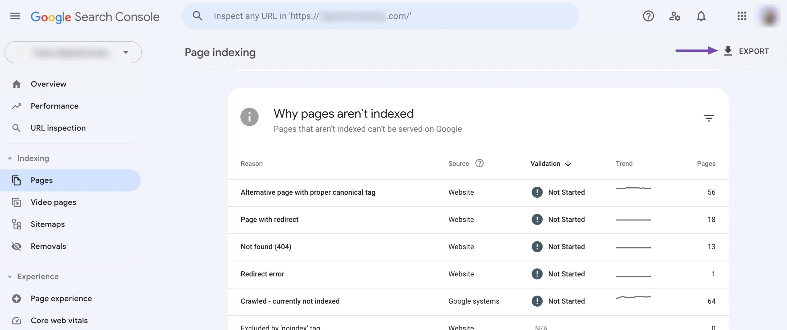 Export data in Google Search Console