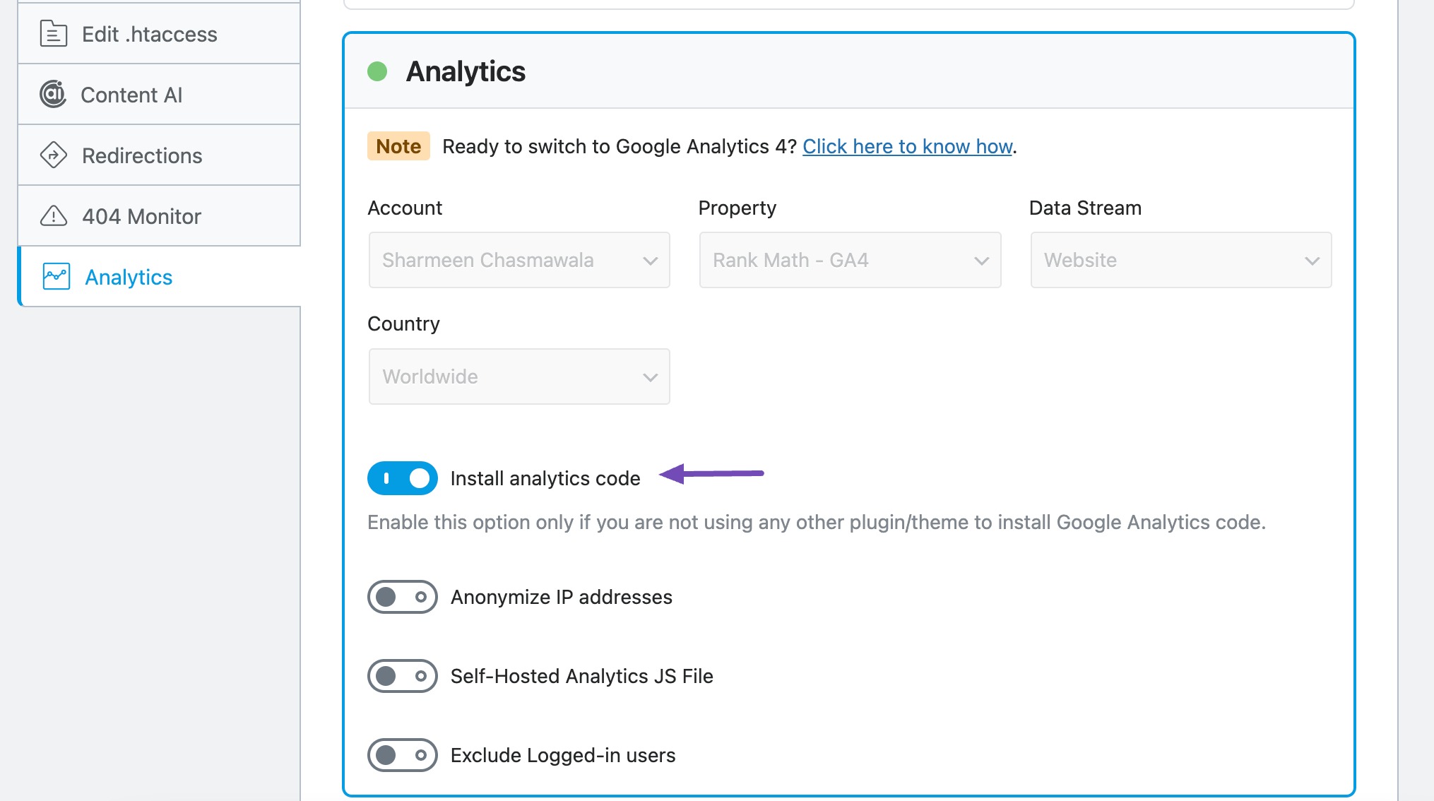 Install analytics code option