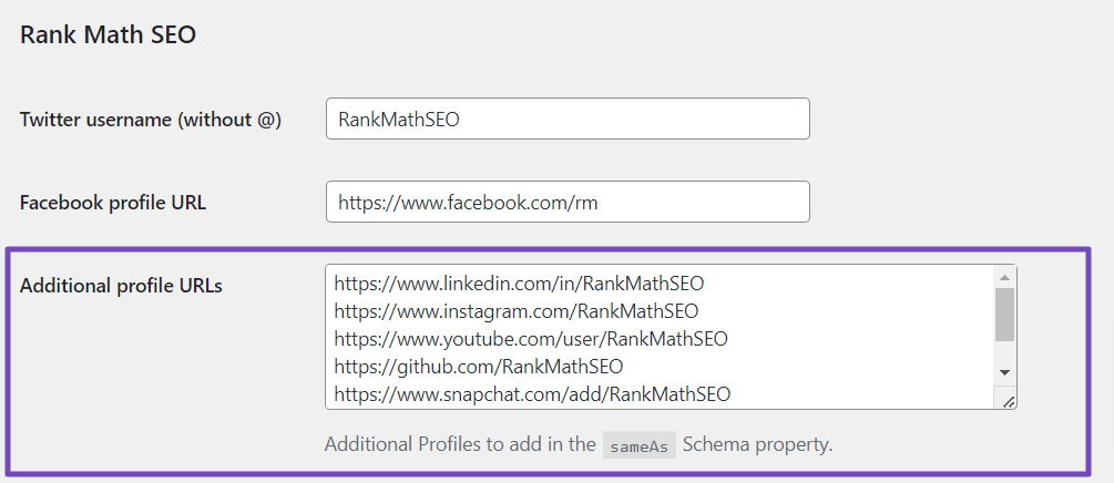 Set up your profile sameAs Schema with Rank Math