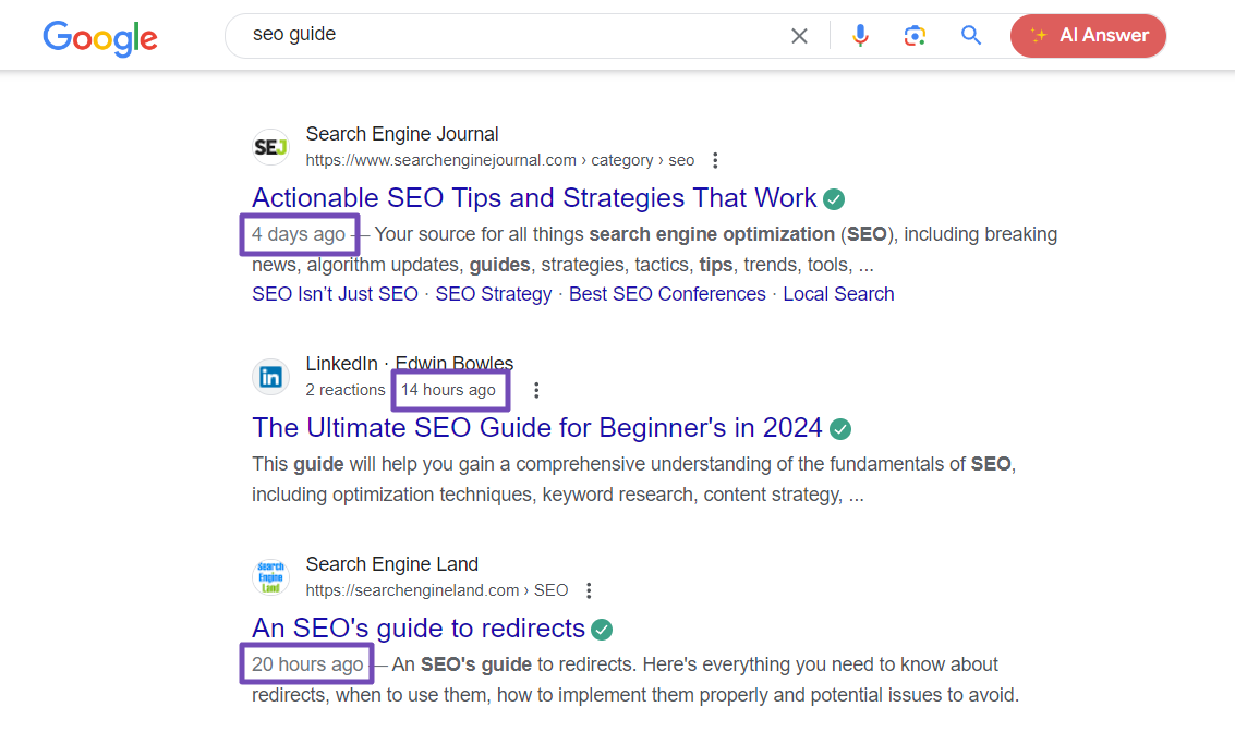 Google displays results based on when the article is indexed