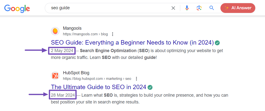 Google search results with article dates