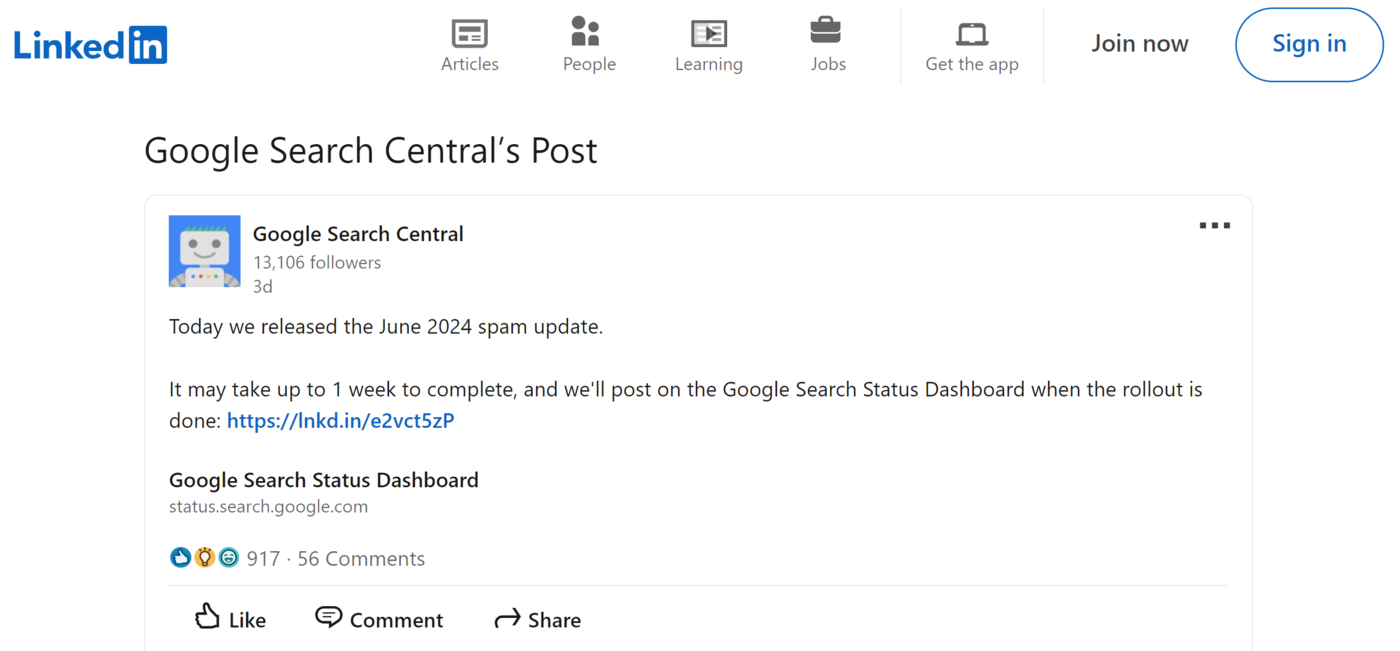 Google's LinkedIn post announcing the June 2024 Spam Update