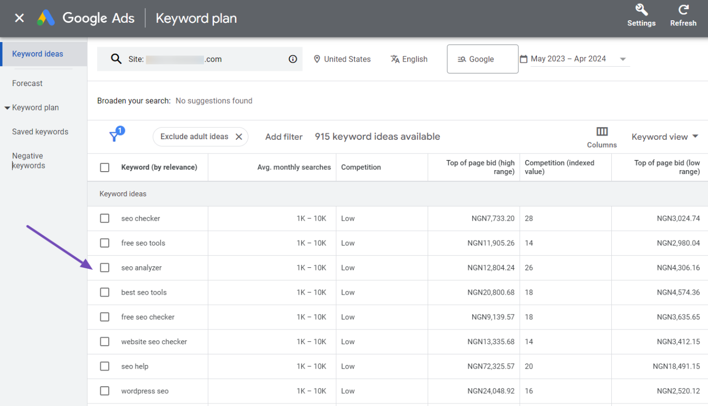 Keyword ideas in Google keyword planner