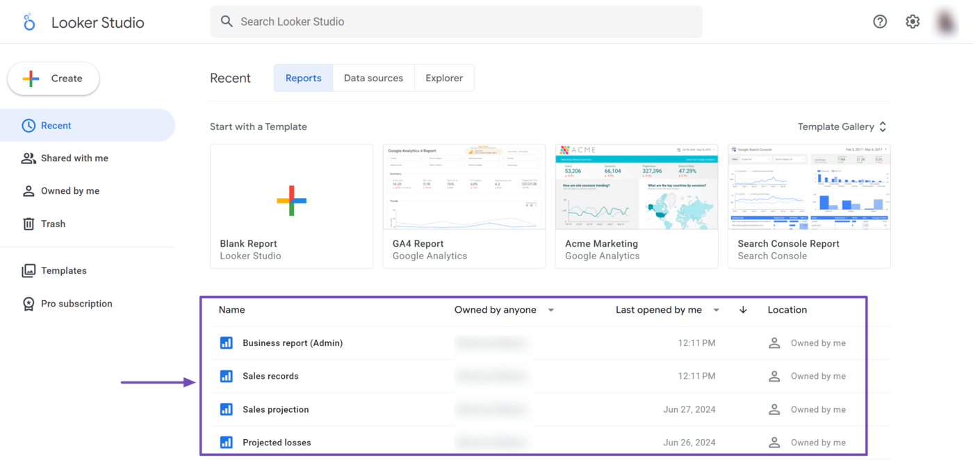 Overview of some reports in the Reports area of the Looker Studio Dashboard