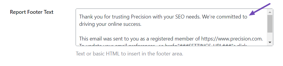 SEO report footer text option