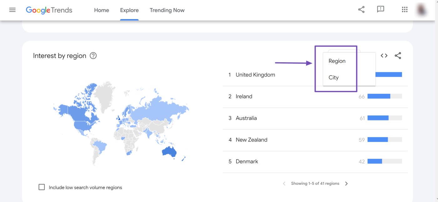 Sample of Google Trends Interest by region dropdown menu