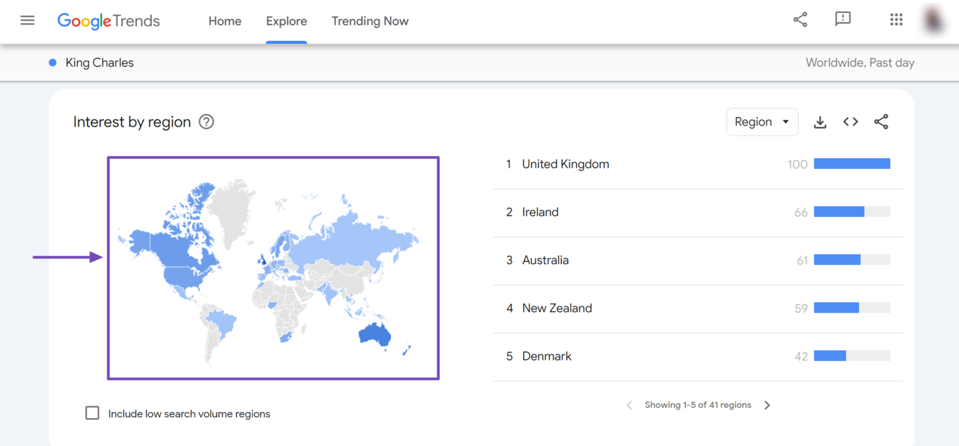 Sample of Google Trends Interest by region section