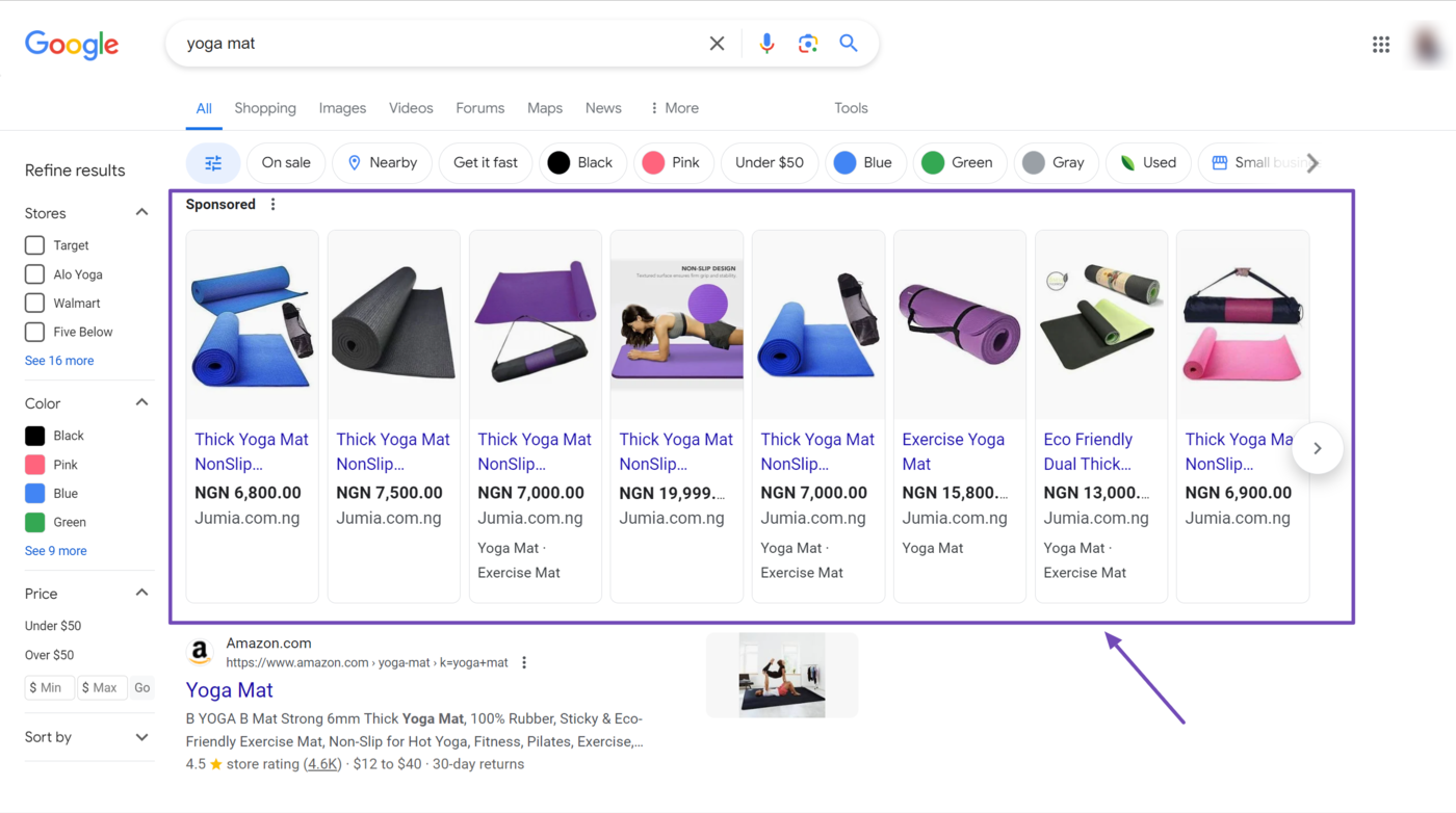 Sample of a Shopping ad on Google search results page