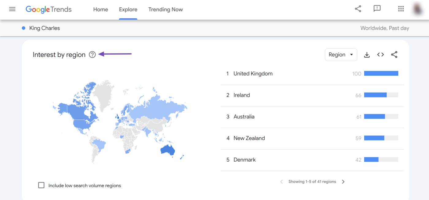 Sample of the Interest by region field in Google Trends