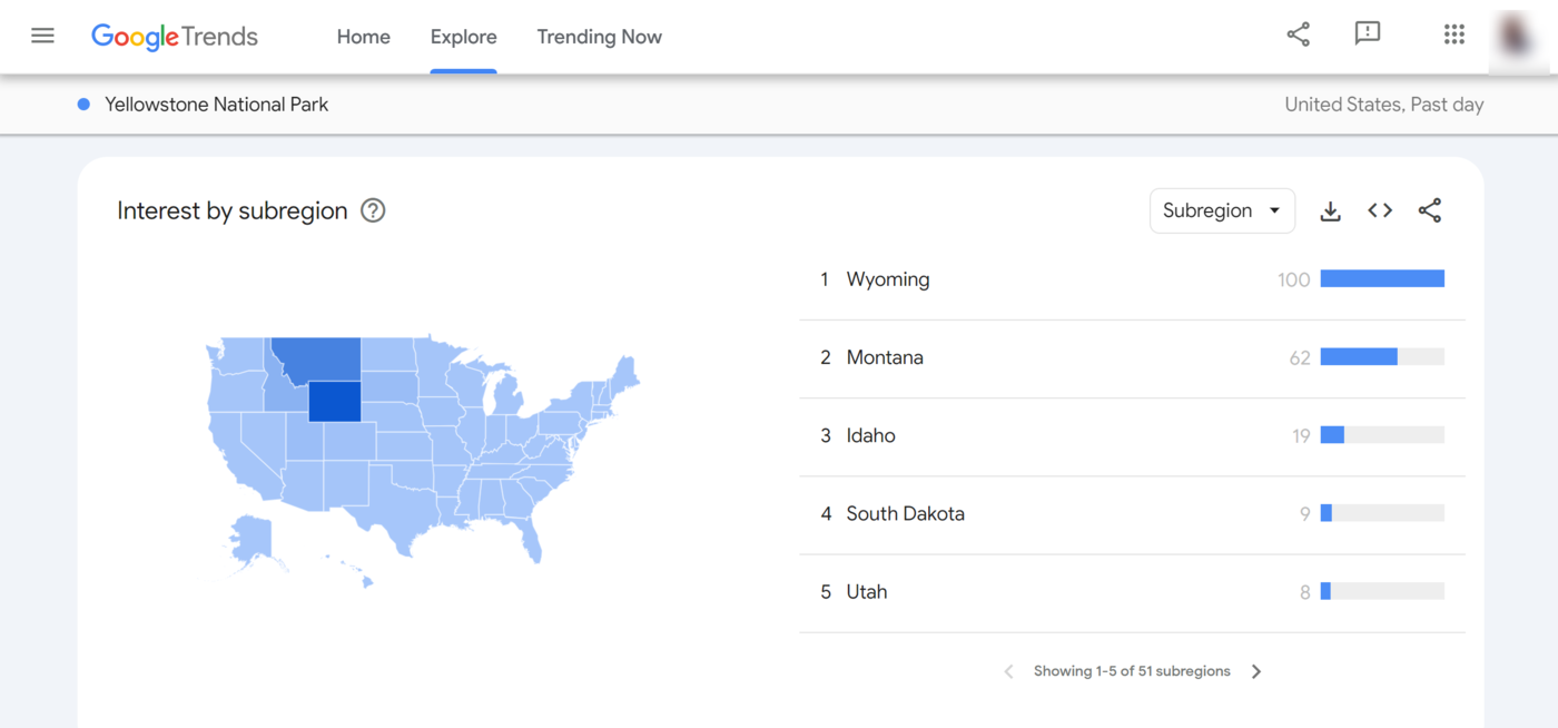 Sample of the Interest by subregion field in Google Trends