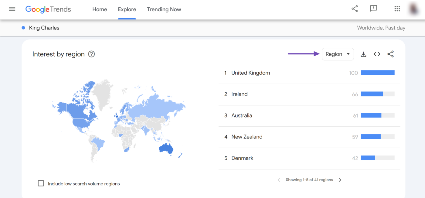 Sample of the Region dropdown on Google Trends tool