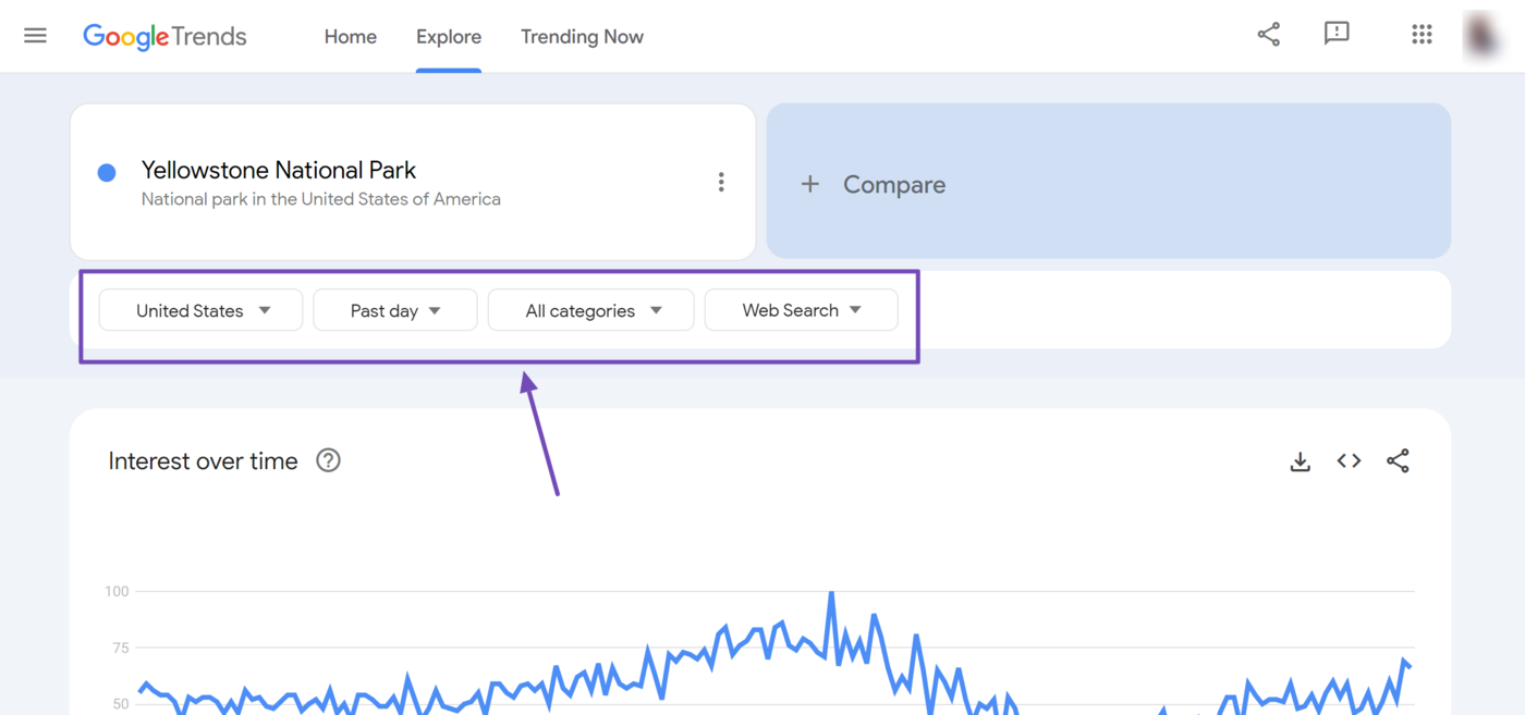 Sample of the four dropdowns at the top of Google Trends