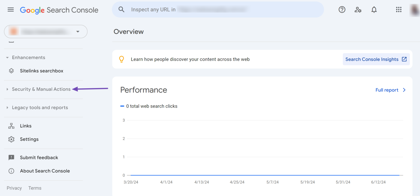 Select the Security & Manual Actions option in Google Search Console