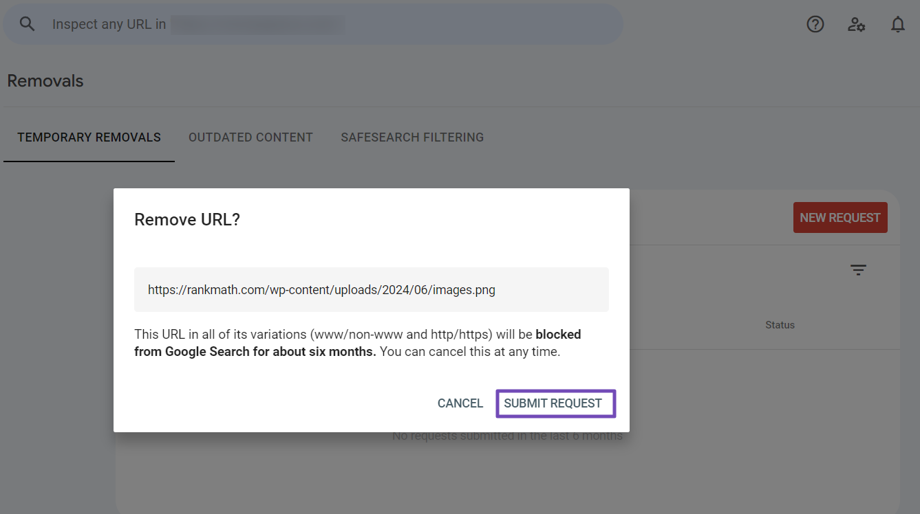 Submit image removal request in GSC