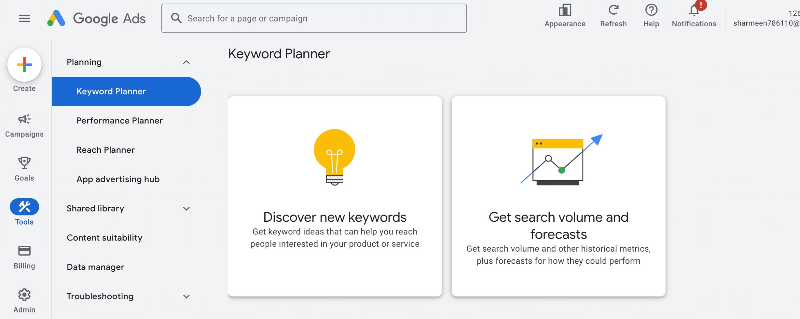 Google keyword planner interface