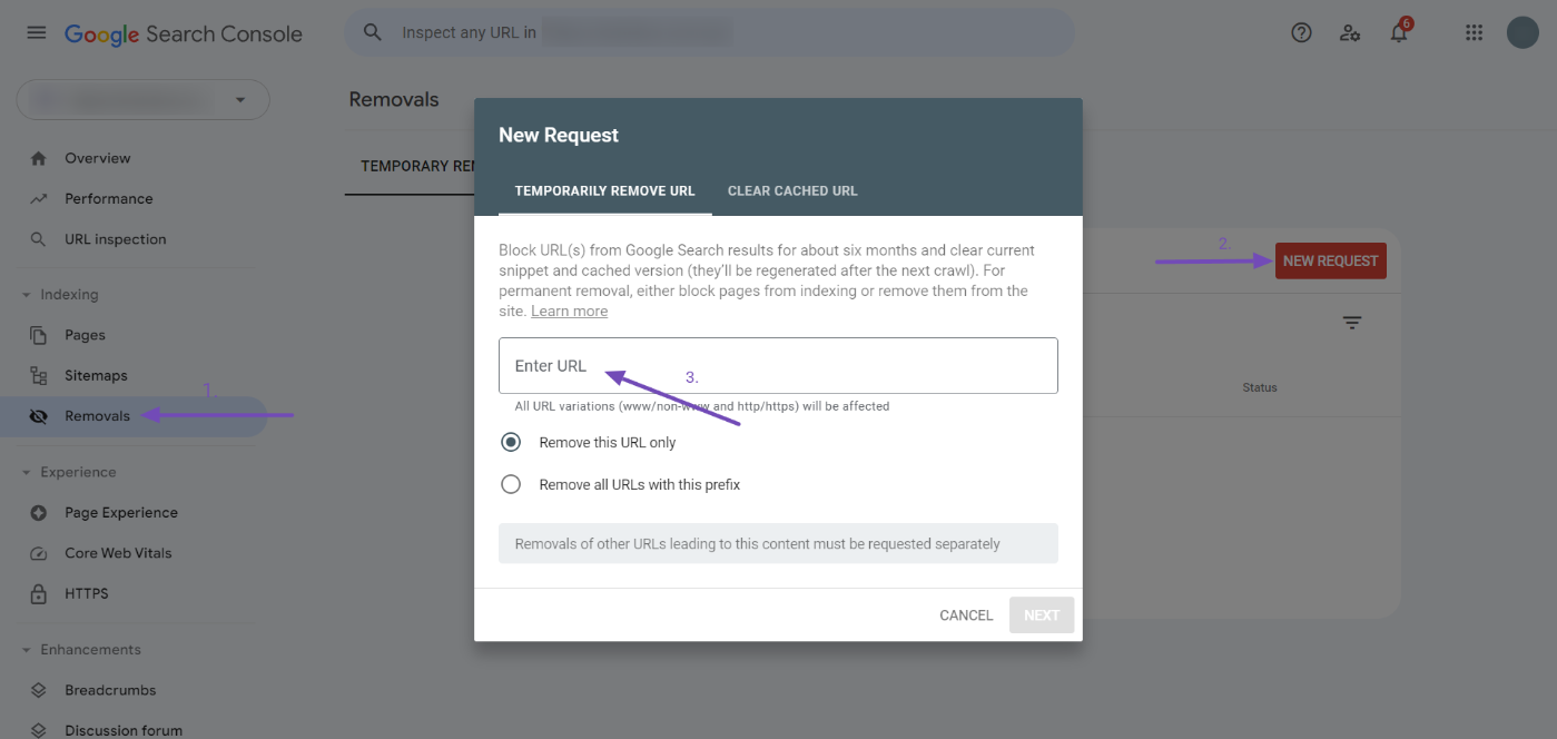 Submit new removal request field in Google Search Console