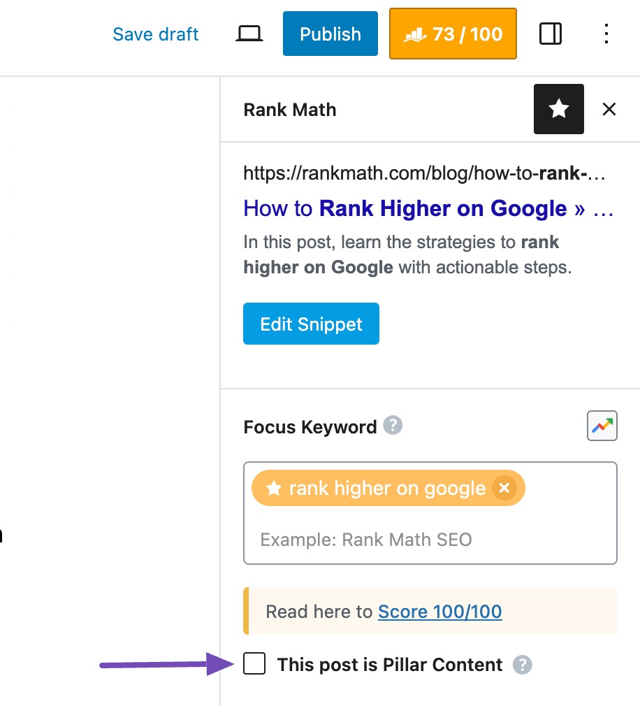 Pillar content feature in Rank Math