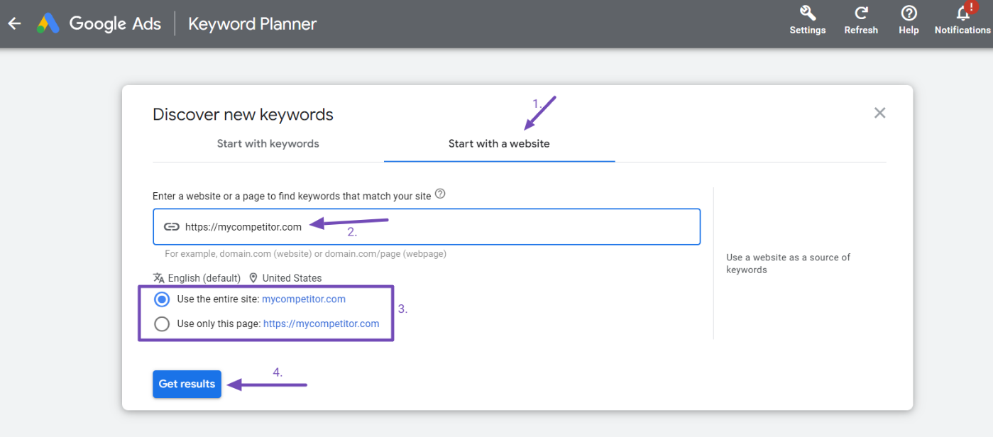 Search with a site in Google keyword planner