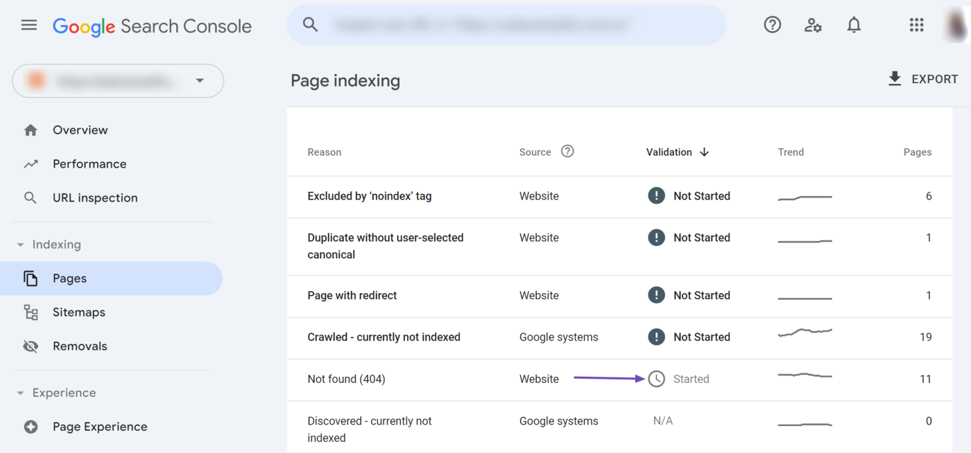 A sample of the validation row of the Page Indexing report in Google Search Console