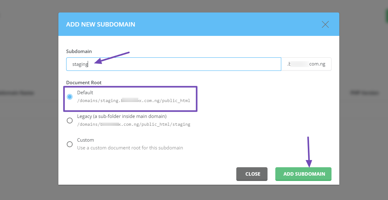 Creating new subdomain