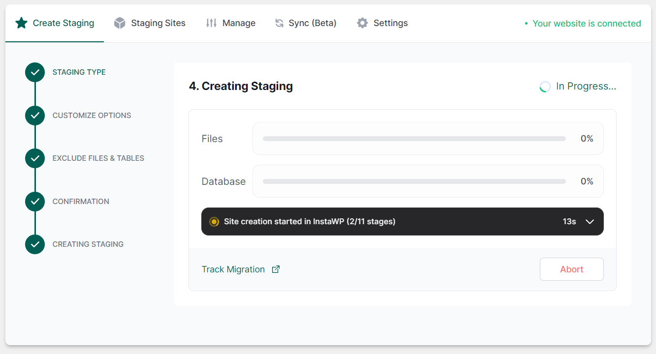 Creating staging site using InstaWP Connect plugin