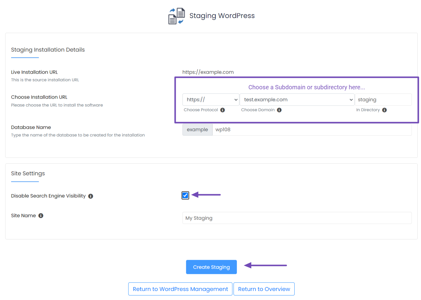 Creating your staging site in Softaculous