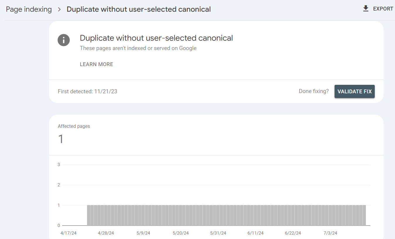 Duplicate without user-selected canonical error in GSC