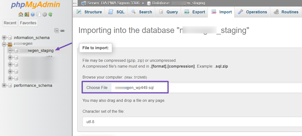 Importing the live site database to staging site