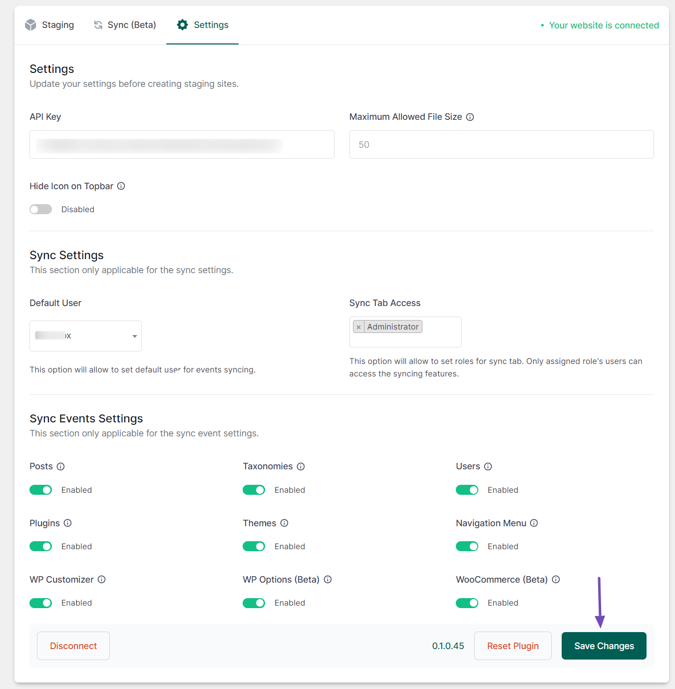 InstaWP Connect plugin staging site settings