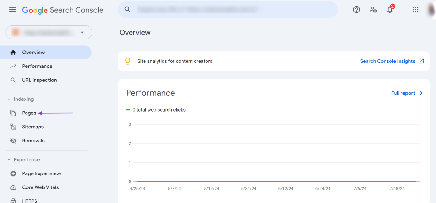 Log into Google Search Console and click pages