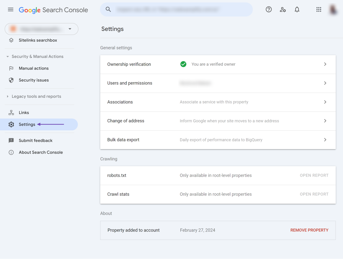 Overview of the Settings option in Google Search Console