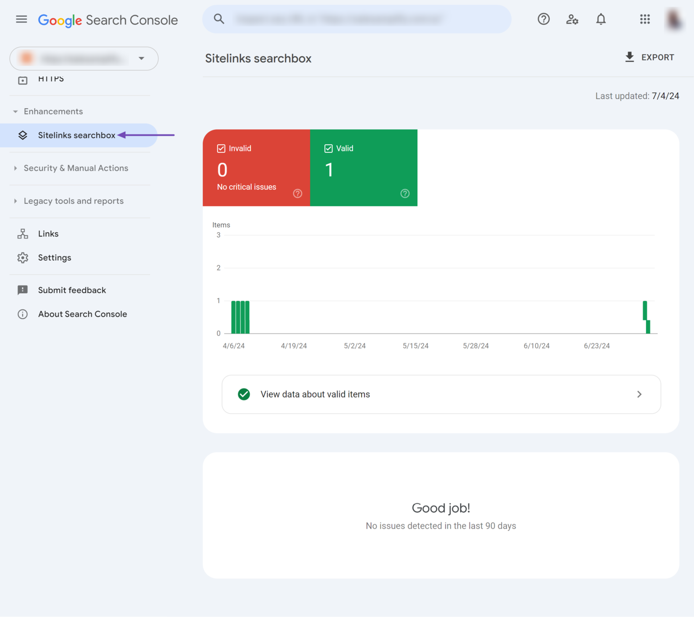 Overview of the Sitelinks searchbox report in Google Search Console