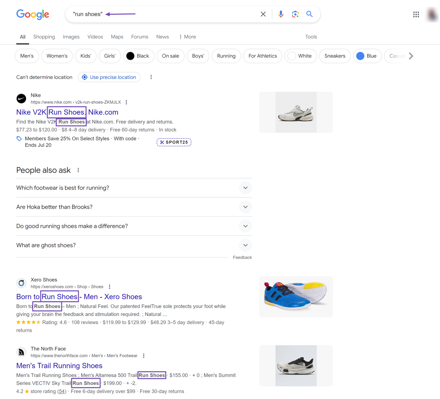 Sample of keyword stemming on search results pages