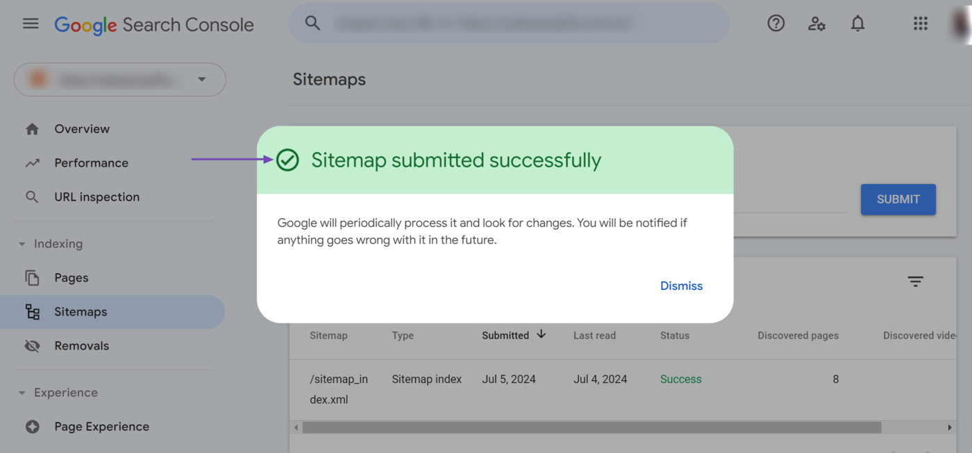 Sample of the success message displayed after submitting a sitemap