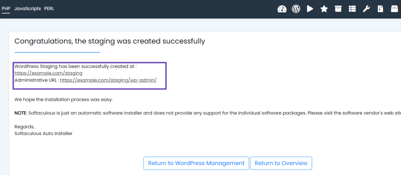 Staging site successfully created using Softaculous