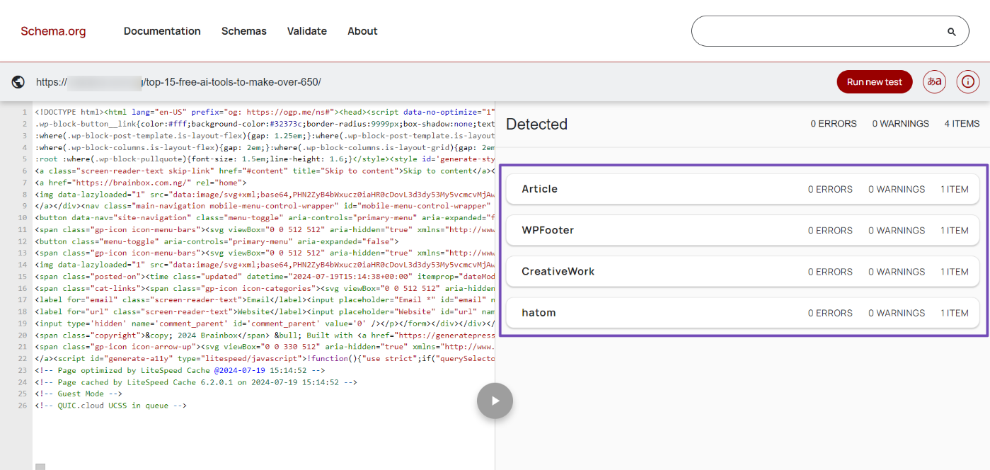 The validator will return with the details of the Schemas in your content