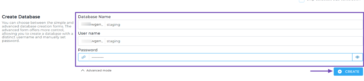 create the staging site database details