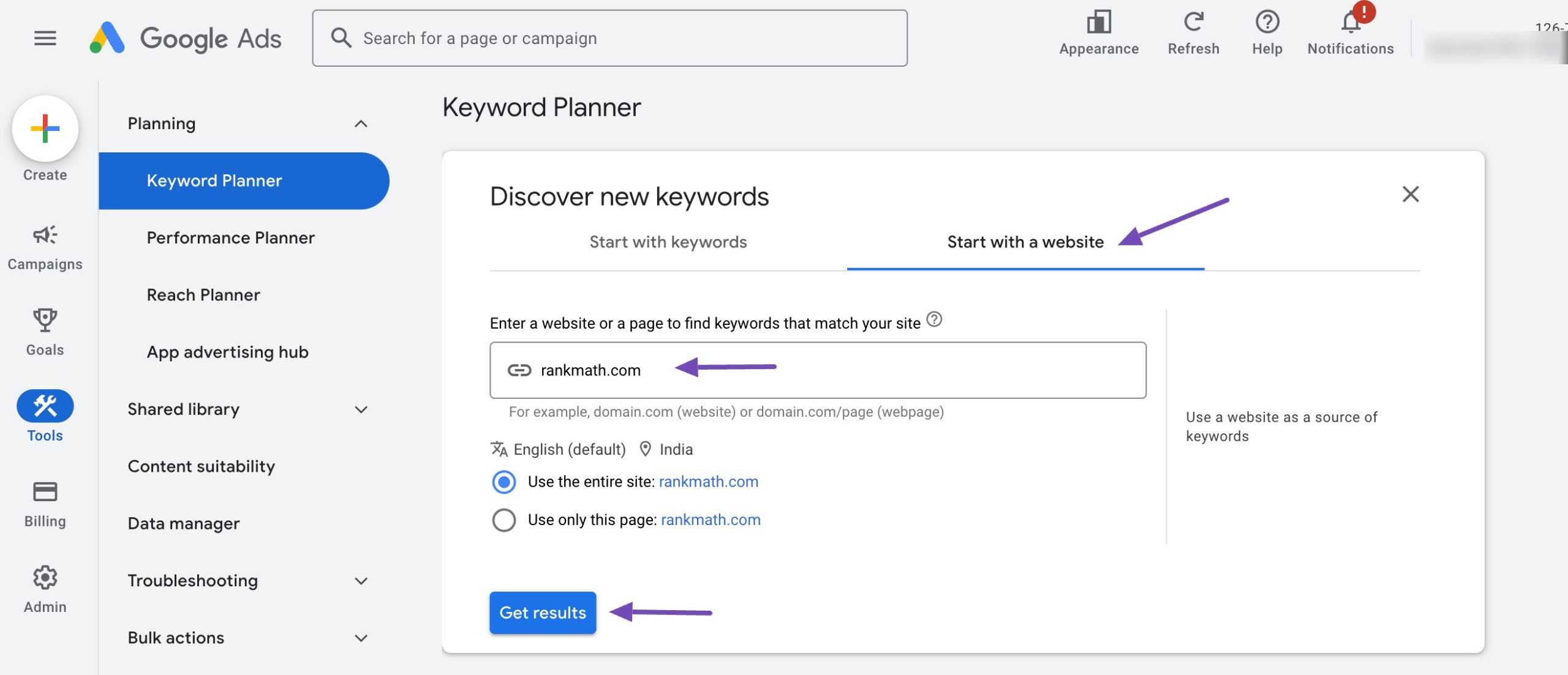 Google Keyword Planner to find competitor keywords