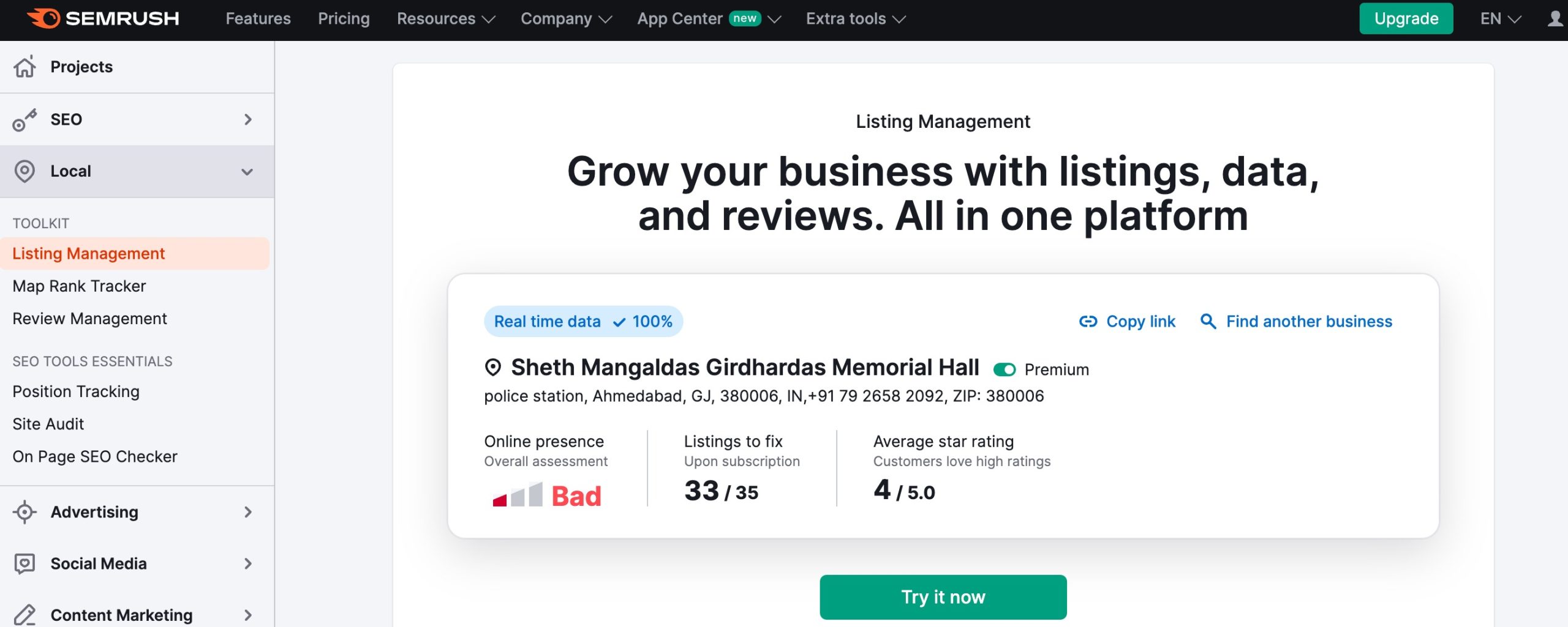 Listing management in Semrush