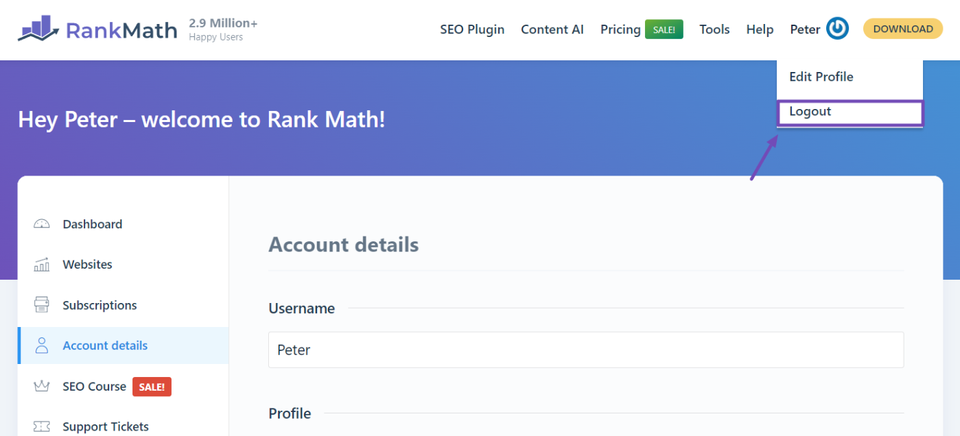 Logout from Rank Math account page