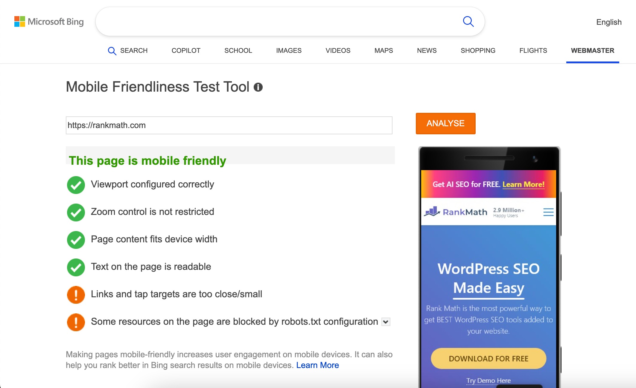 Mobile Friendly Test Tool in Bing