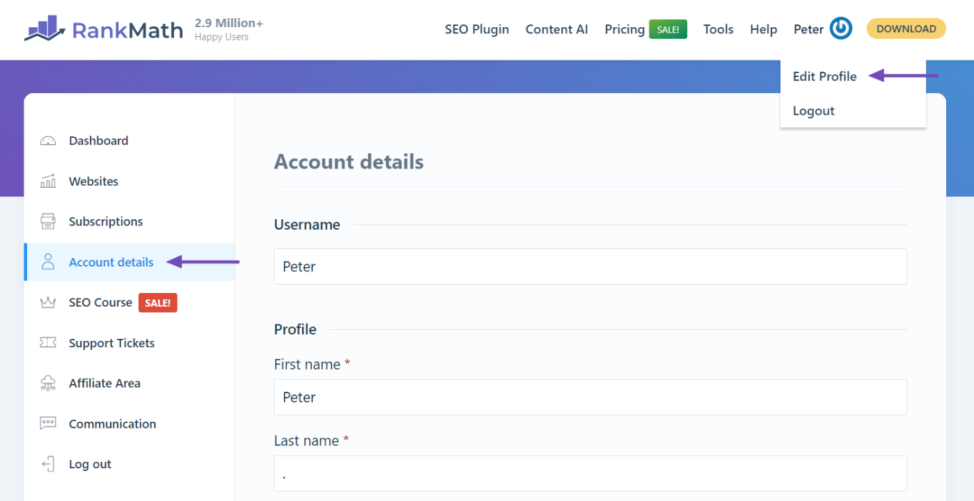 Navigating to the Account Details page in Rank Math