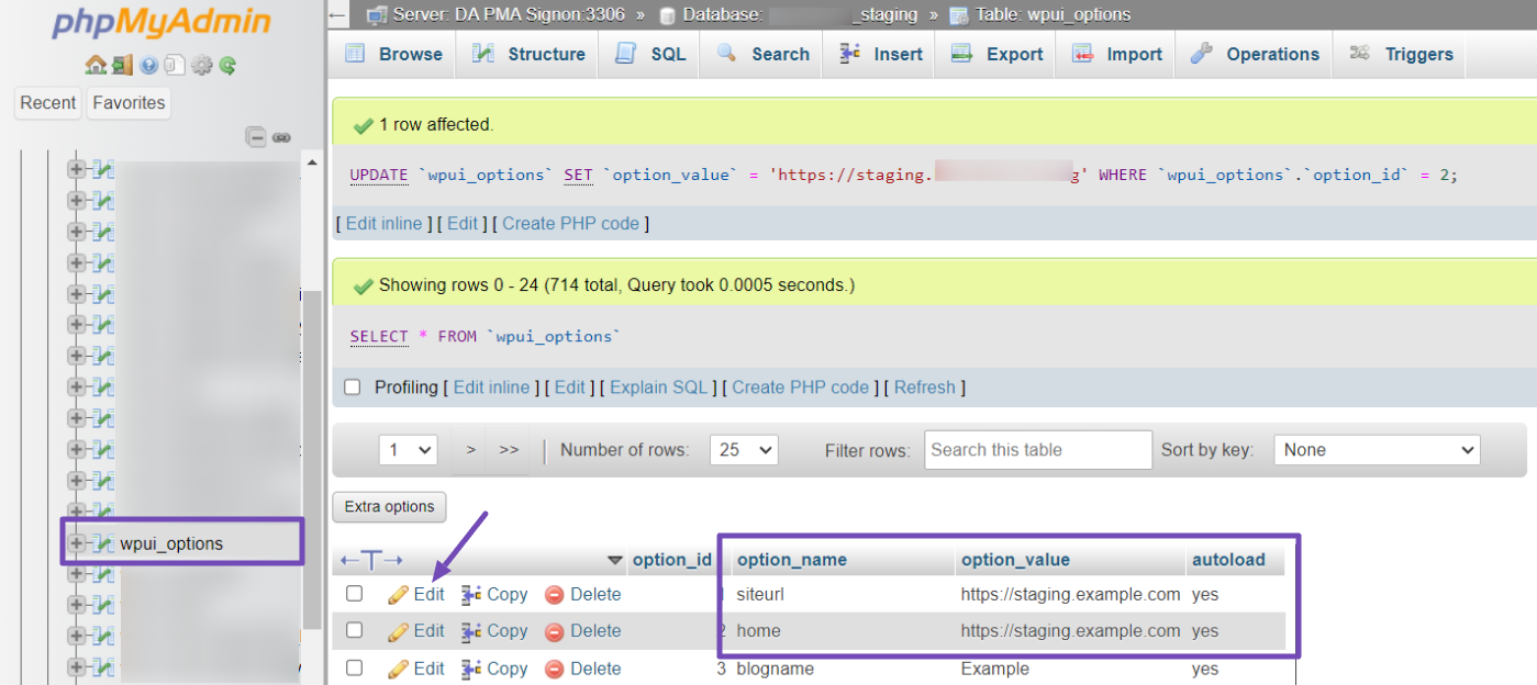 selecting new database and opening the wp_options table