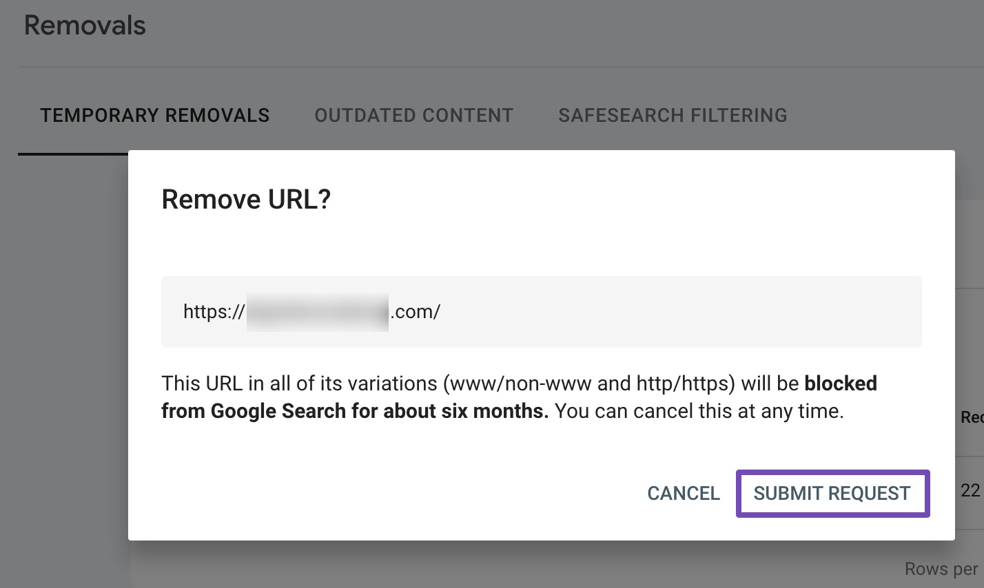 Submit request to GSC remove the URL temporary