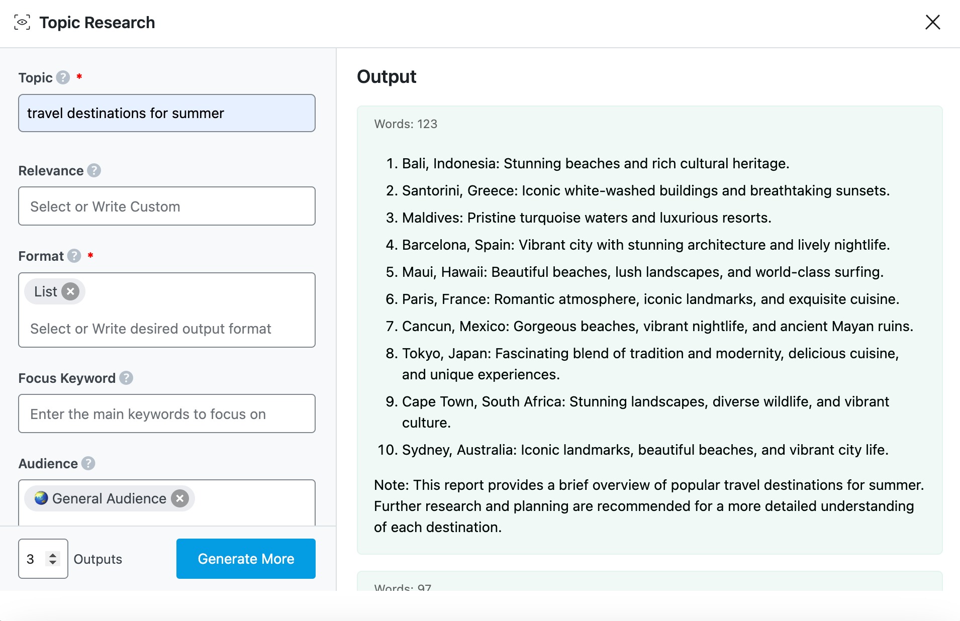 Example of Topic Research AI tool