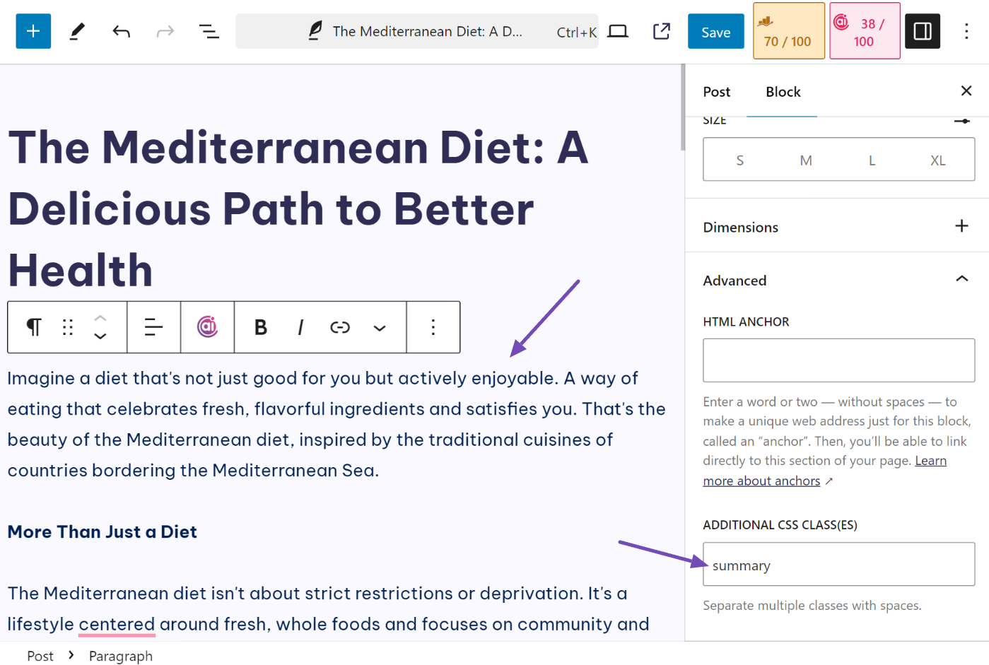 Add summary class to an article paragraph