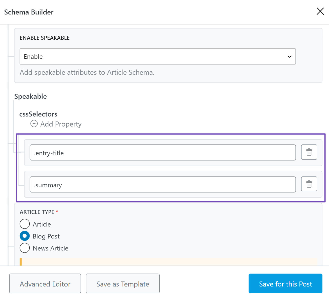 Adding cssSelectors in pages using Rank Math