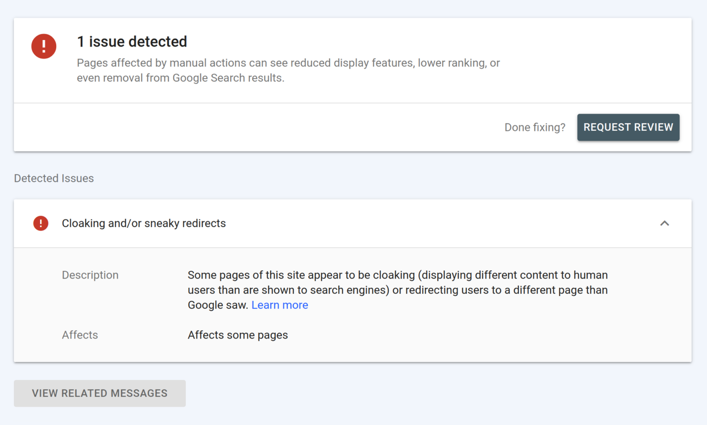 Cloaking And/or Sneaky Redirects penalty in Google Search Console