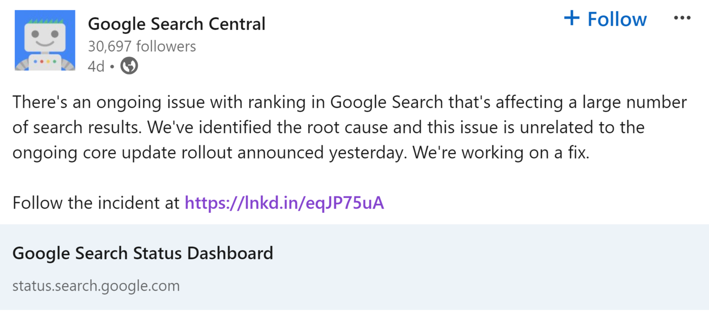 Google's LinkedIn announcement of the August 2024 Ranking Issue