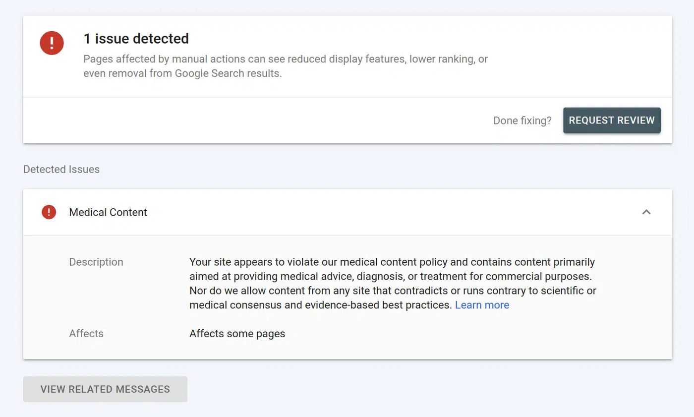 Medical content manual actions penalty is one of the News and Discover Policy Violations penalty in Google Search Console